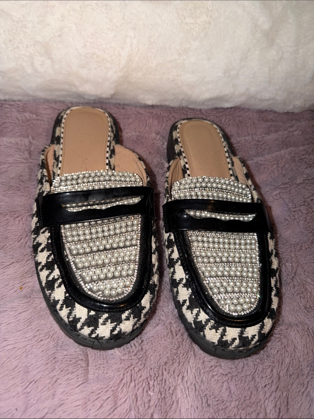 Betsey Johnson Black & White Houndstooth Pearl-Embellished Mules